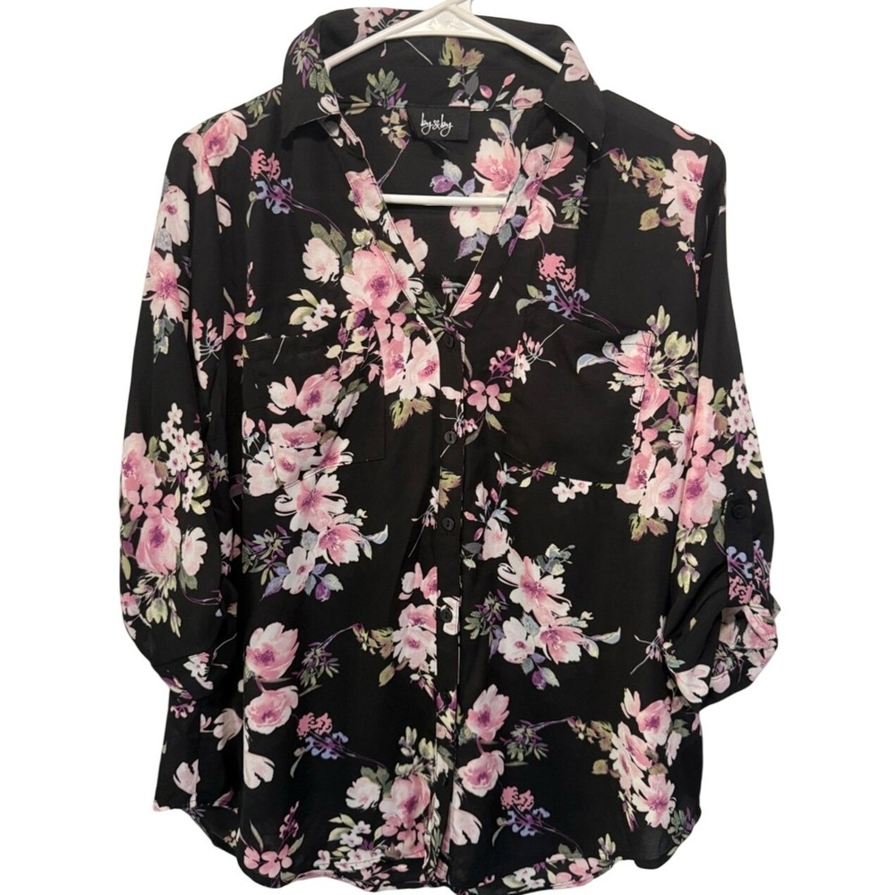 By & By Floral Button Down Shirt Black Pink Roll Tab Sleeve XS NEW